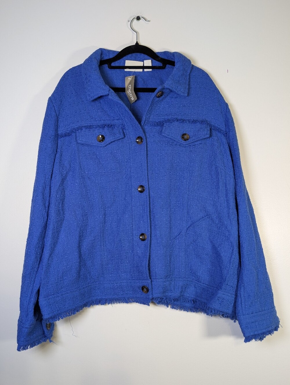 Chico's Cobalt Blue Boucle Textured Fringe Jacket NWT Size XL Modern Executive - Picture 2 of 8